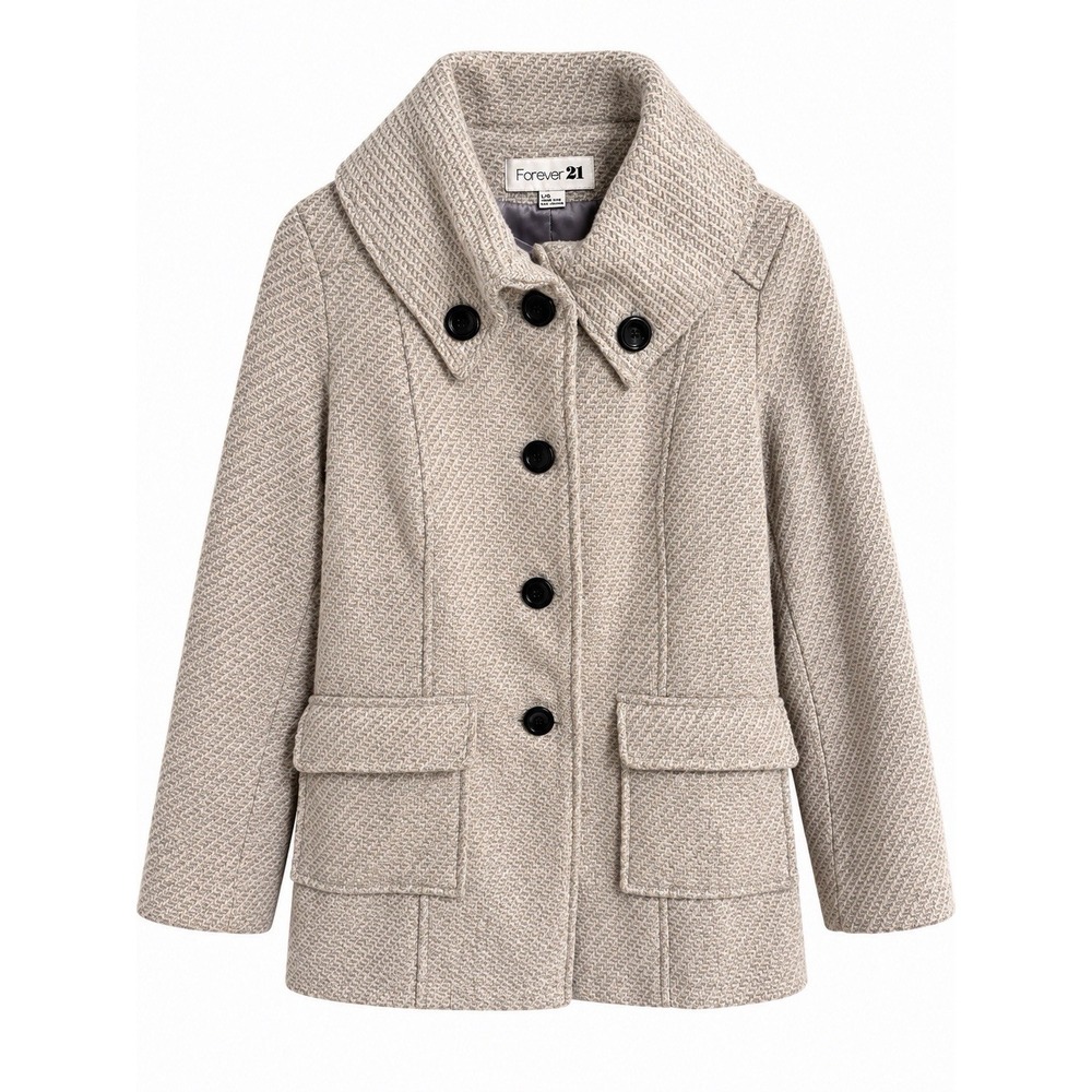 Forever 21 Wool Blend Y2K Peacoat Funnel Collar Preppy Winter Coat Size L Gray